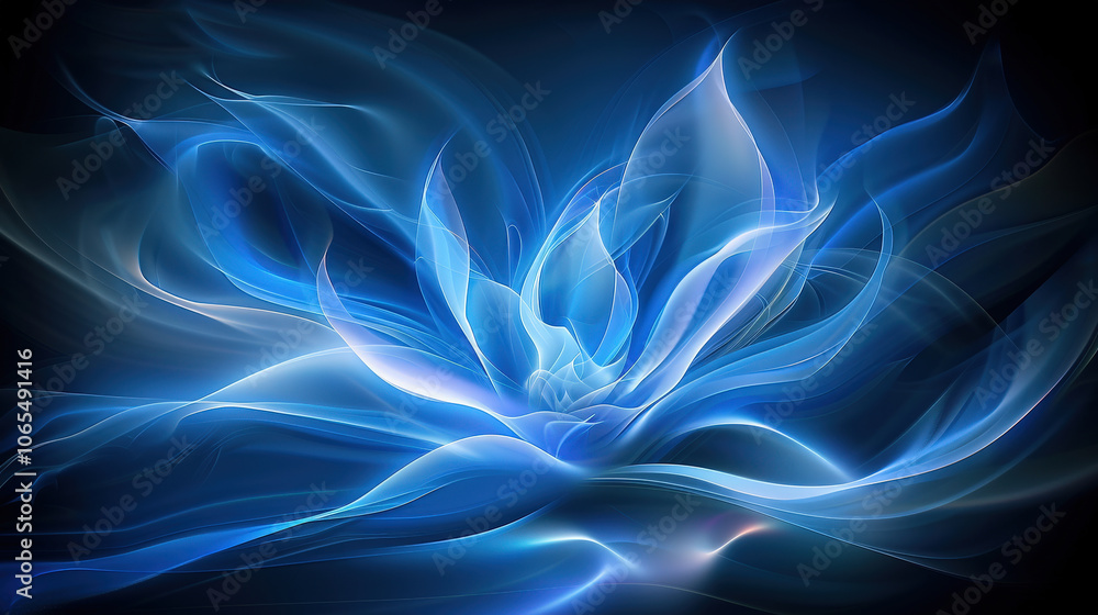 Poster mesmerizing blue abstract design featuring flowing shapes that resemble petals, creating sense of tr