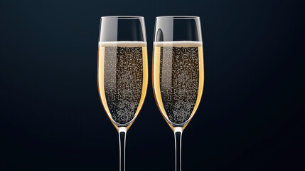 Two clear glass champagne flutes filled with sparkling champagne against a dark blue background