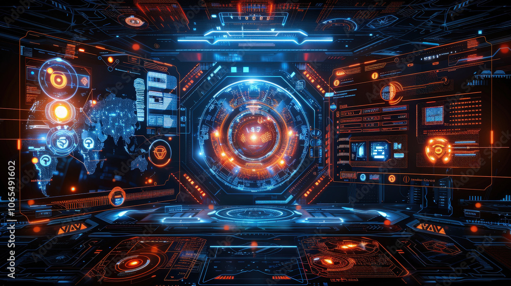 Poster futuristic digital interface with glowing elements and data visualization, showcasing high tech envi