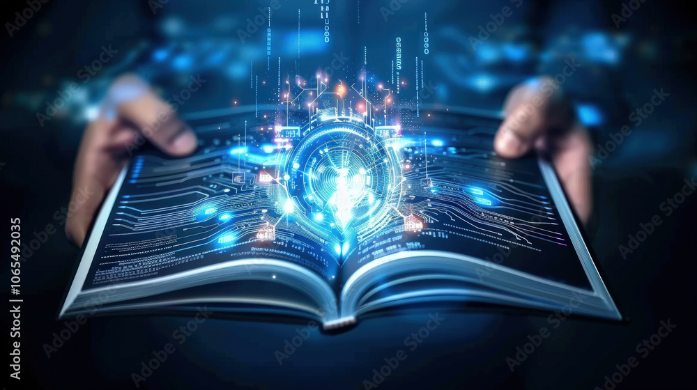 Poster person holds open book with glowing digital elements emerging from its pages, symbolizing knowledge 