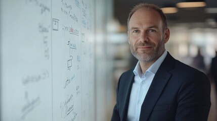 Businessman in Suit Standing in Front of a Whiteboard