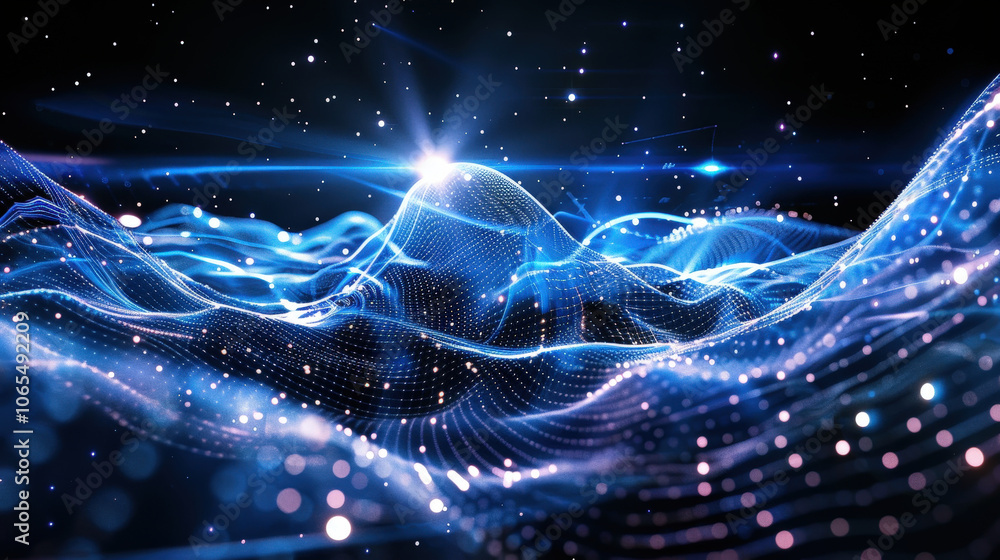 Poster futuristic blue abstract landscape with glowing waves and particles, creating sense of depth and mot