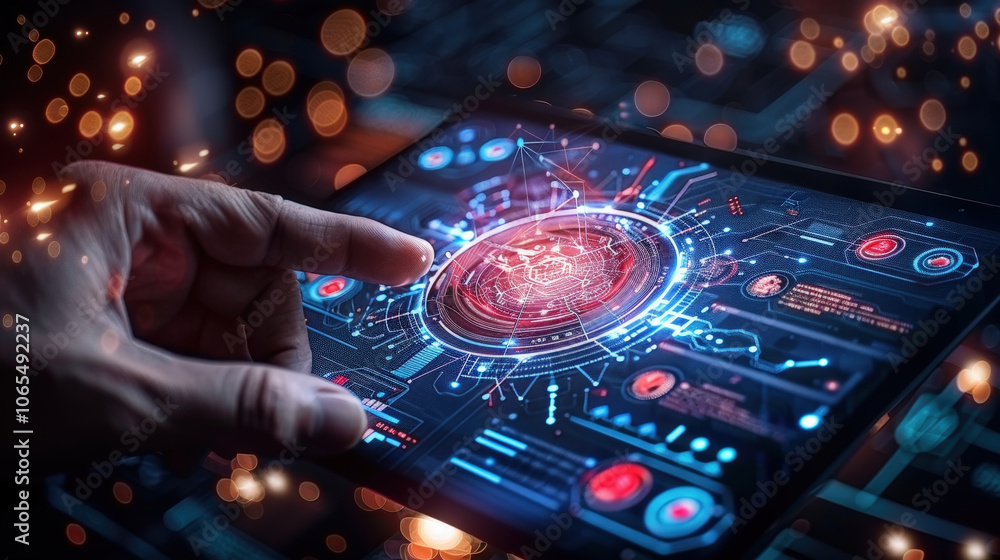 Poster futuristic technology interface with hand interacting with digital screen, showcasing advanced data 