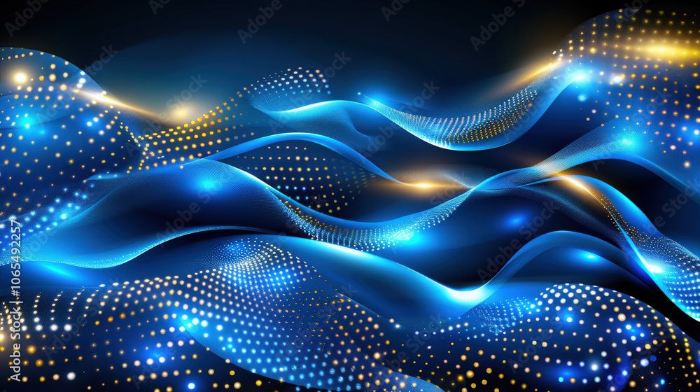 Poster gentle waves of blue and gold particles create mesmerizing visual effect, evoking sense of calm and 