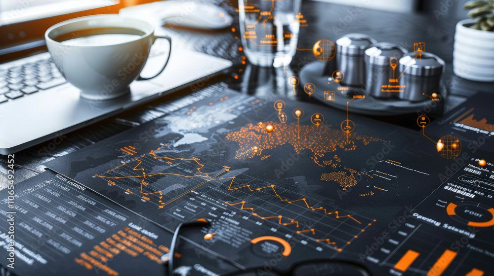 Poster minimalistic annual report layout featuring data visualizations, graphs, and charts on desk with cof
