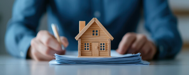 Wooden house model on paperwork, representing real estate transactions and loans