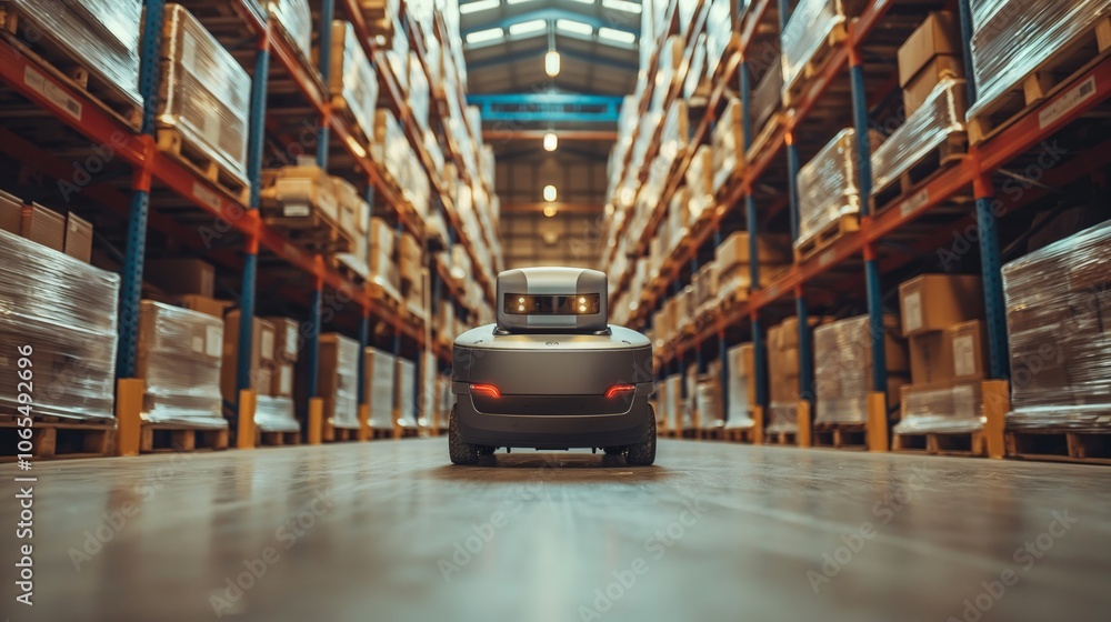 Poster automated robot in a modern warehouse, enhancing efficiency in sorting and delivering packages.