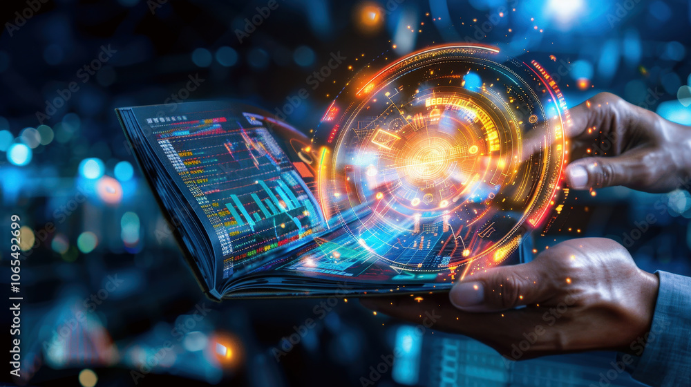 Aufkleber person holds open book with glowing digital graphics and data visualizations emerging from its pages