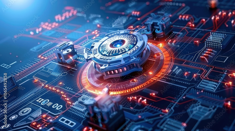 Aufkleber futuristic technology circuit board with glowing elements and intricate designs, showcasing advanced
