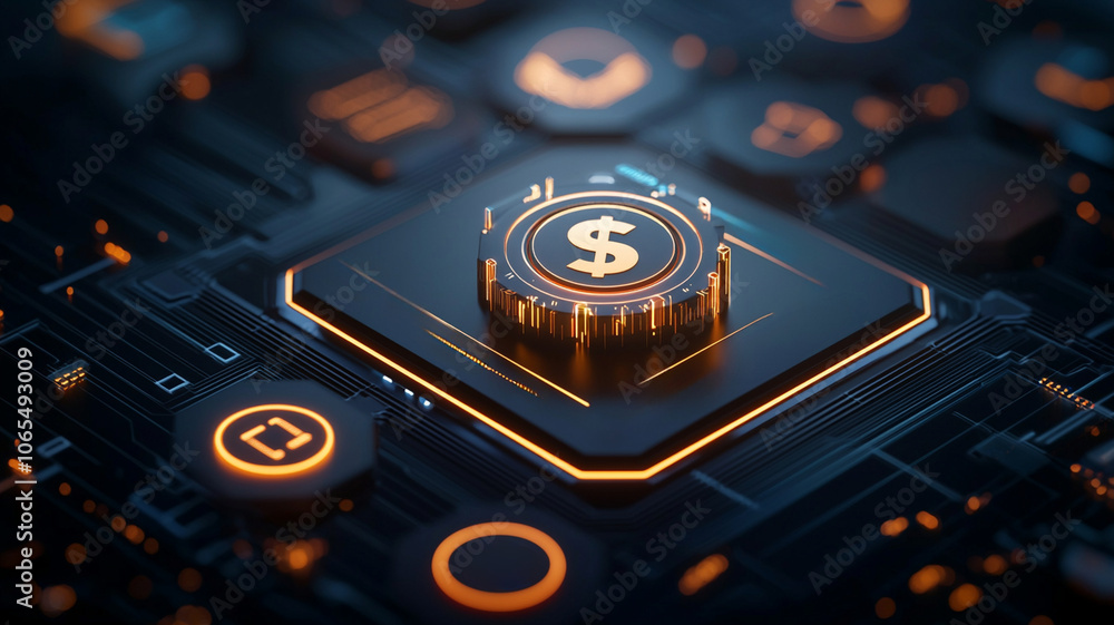 Poster digital representation of dollar symbol on circuit board, symbolizing finance and technology. glowin
