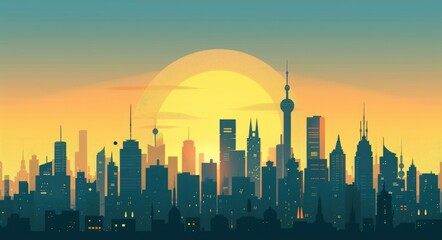 Obraz premium Cartoon Sunrise. Downtown Skyscrapers Silhouette at Sunset with Future Urban Business City View