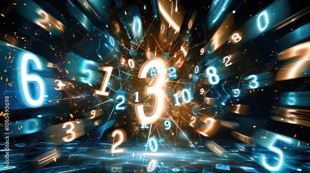 Poster dynamic explosion of numbers with glowing effects, featuring prominent number three at center. this 
