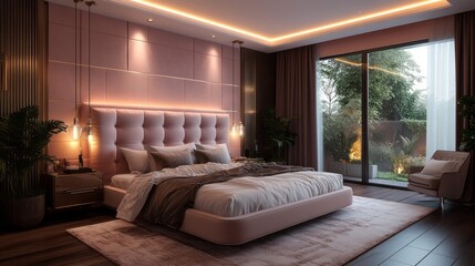 Modern Bedroom Interior with Pink Bed and Garden View