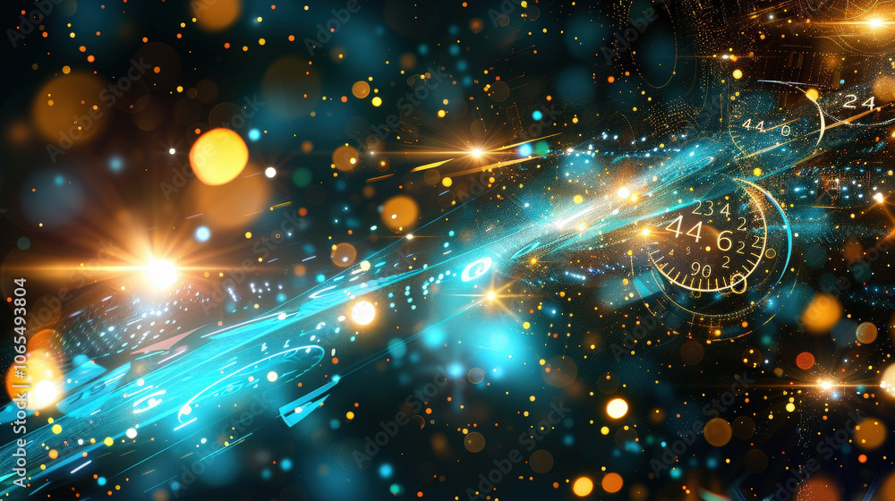 Poster dynamic abstract background featuring glowing particles, light trails, and clock elements, creating 