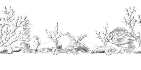 Seamless border with underwater inhabitants, corals and shells. Isolated pencil graphic illustration for postcards, textiles, restaurant decoration, invitations to a sea party,