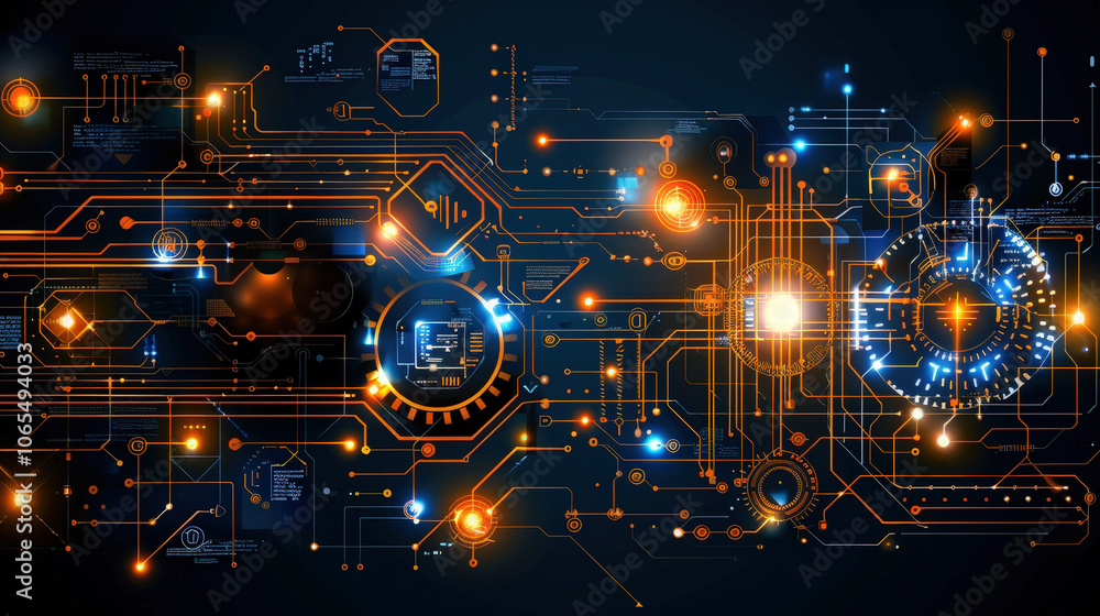 Poster digital circuit board design with glowing elements and intricate patterns, showcasing technology and
