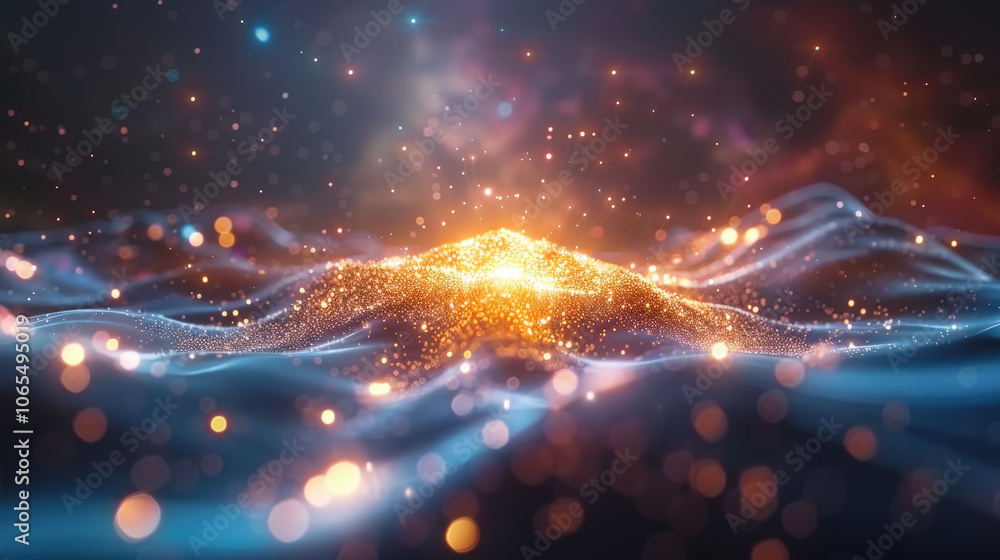 Aufkleber mesmerizing scene of tiny particles creating wave flow, illuminated by shimmering lights. dynamic mo