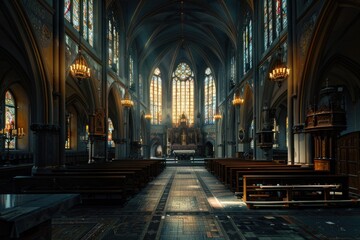 Fototapeta premium Church Interior. Cathedral Architecture with Gothic Altar and Religious Symbol