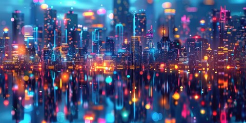 Fototapeta premium Cityscape Graphic. Neon Glow of Futuristic City Landscape in Cyberspace