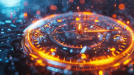 close up view of futuristic watch submerged in water, showcasing vibrant orange and blue hues with droplets glistening on surface. intricate details of watch face are highlighted, creating