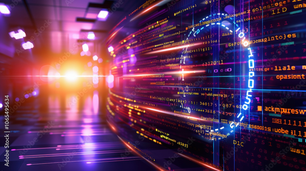 Poster futuristic digital data stream with vibrant colors and glowing code, creating sense of advanced tech