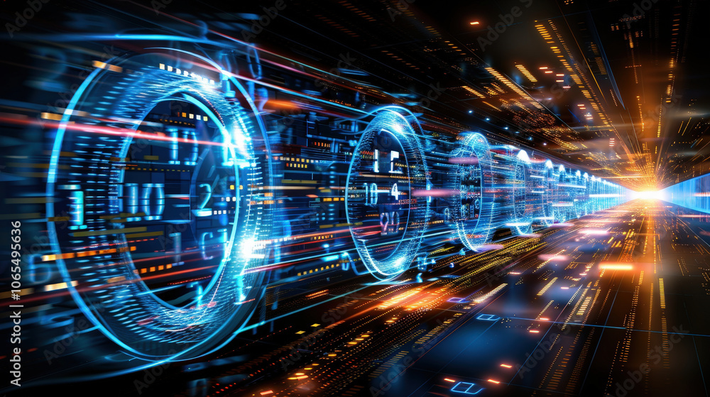 Poster futuristic numbers and glowing elements create dynamic, high tech background, evoking sense of speed