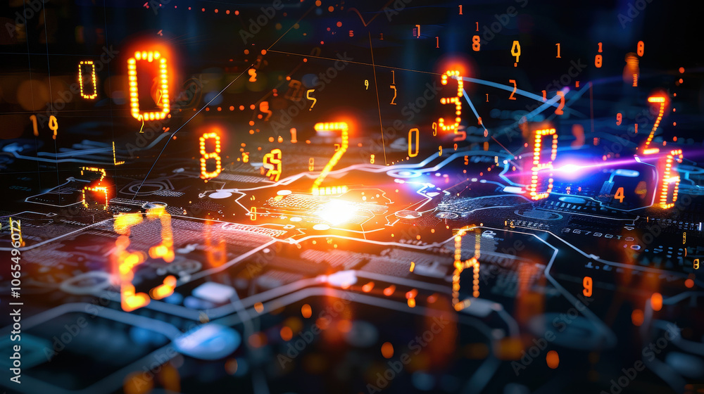 Poster digital numbers glowing on circuit board create futuristic atmosphere, showcasing technology and inn