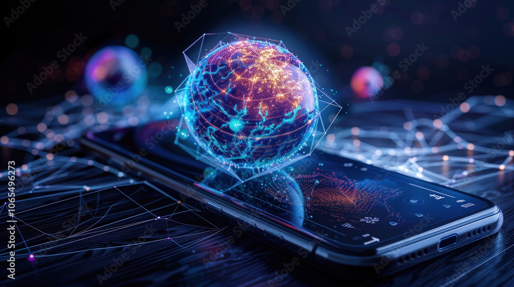 Poster smartphone displaying holographic globe, symbolizing advanced technology and connectivity. vibrant c