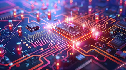 Fototapeta premium close up view of modern circuit board showcasing intricate electronic components and vibrant LED lights, highlighting advanced technology and innovation