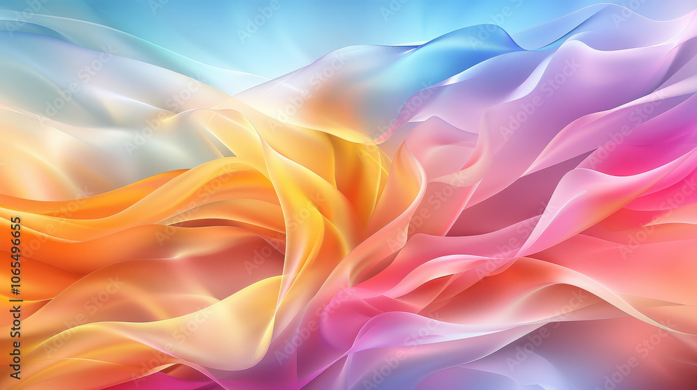 Poster vibrant abstract waves of colorful fabric create dynamic and fluid composition, evoking sense of mov