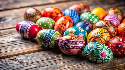 Fototapeta premium Beautifully decorated colorful Easter eggs arranged artistically on a rustic wooden table, capturing the festive spirit of spring