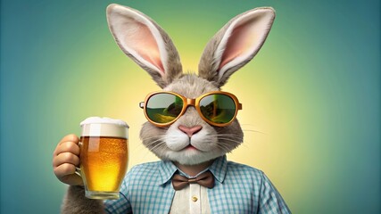 A festive easter bunny in sunglasses raises a beer glass, celebrating the holiday spirit with joy and cheer