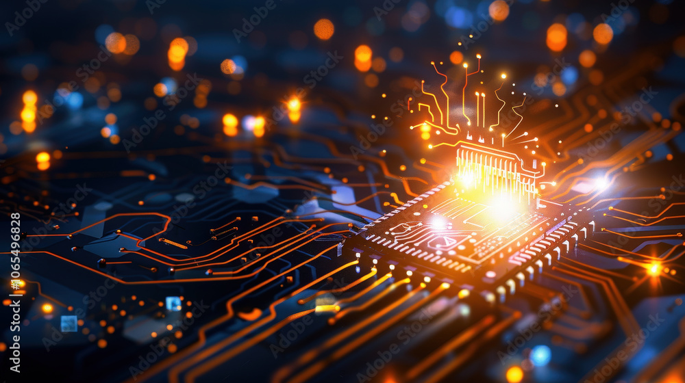 Poster vibrant and intricate close up of computer chip illuminated by glowing circuits, showcasing futurist