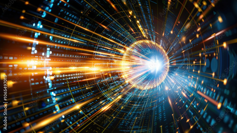 Poster vibrant cyber themed design featuring dynamic tunnel of light and data streams, evoking sense of fut