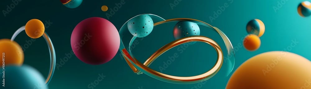Poster abstract composition with colorful spheres and intersecting rings