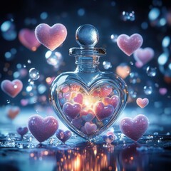 Fototapeta premium A mystical love potion in a glowing bottle filled with vibrant hearts and sparkles, perfect for romantic themes and magical concepts.