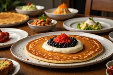 Delightful Breakfast Spread with Gourmet Pancakes and Fresh Toppings, Perfect for a Cozy Morning Meal