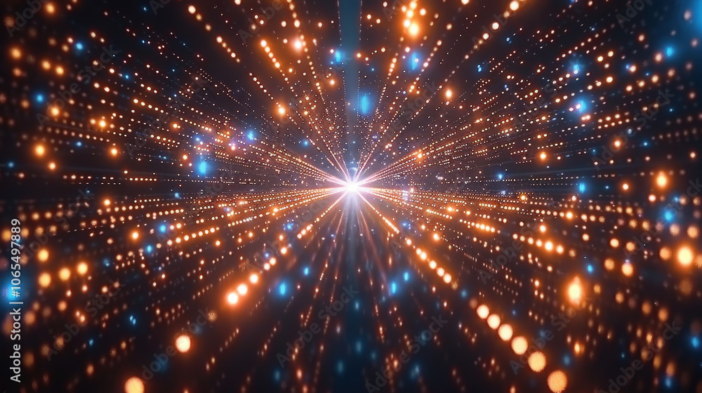 Poster vibrant light particles radiate outward in mesmerizing pattern, creating sense of depth and motion. 