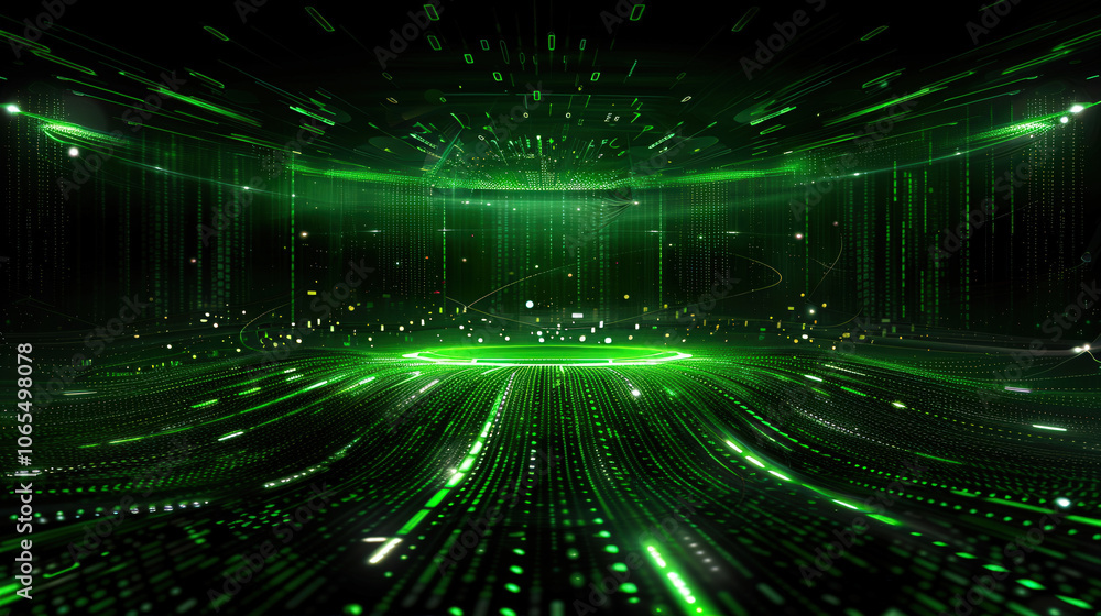 Poster vibrant digital landscape filled with flowing green binary code creates futuristic atmosphere. matri