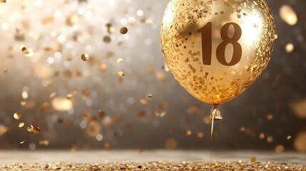 Happy 18th birthday poster with gold balloon and confetti