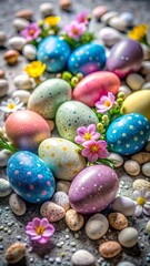 Fototapeta premium Colorful Easter eggs nestled among pebbles and delicate flowers in a cheerful spring display