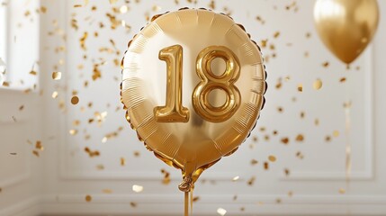 Happy 18th birthday poster with gold balloon and confetti