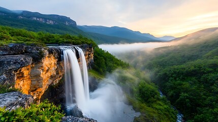 Fototapeta premium Description: A stunning image of a misty waterfall flowing gracefully through a lush and vibrant forest during the early light of dawn, creating a serene and magical atmosphere
