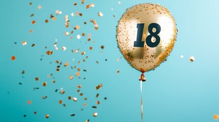 Happy 18th birthday poster with gold balloon and confetti