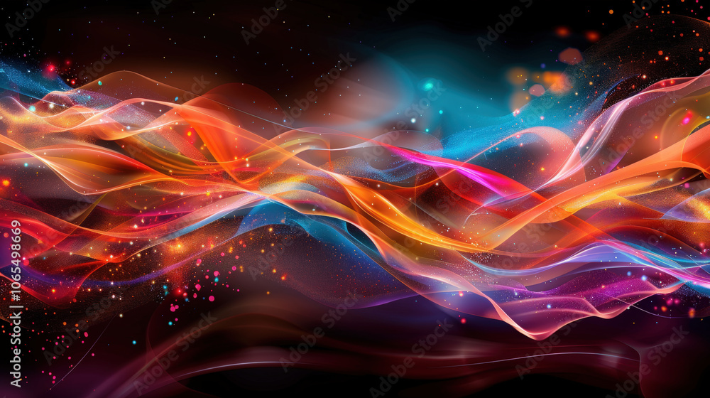 Poster vibrant waves of color flow seamlessly across dark background, creating mesmerizing visual effect. s