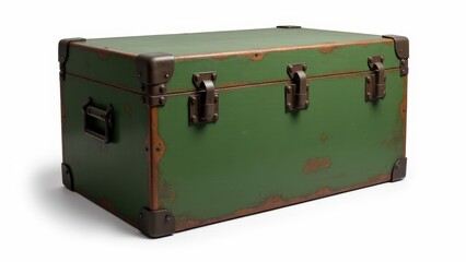 Military-inspired ammo box, ammunition wooden box with rugged metal hinges and a simple background