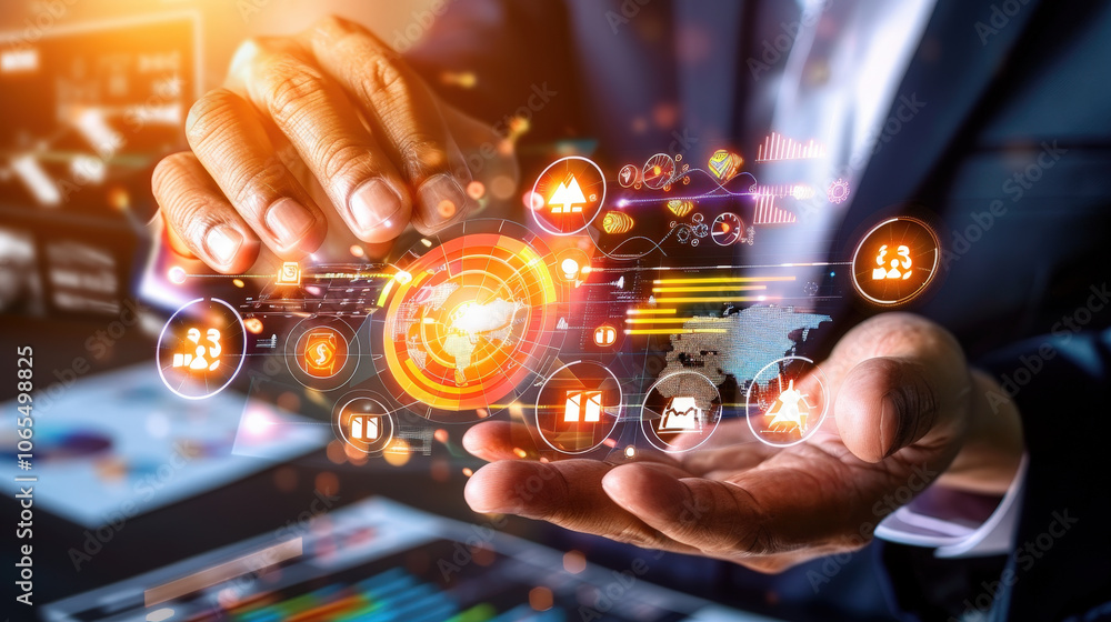 Poster transforming data into actionable insights, this showcases professional holding digital interface wi