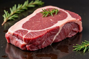 Fototapeta premium Juicy Raw Steak with Rosemary on a Black Background Perfect for Cooking