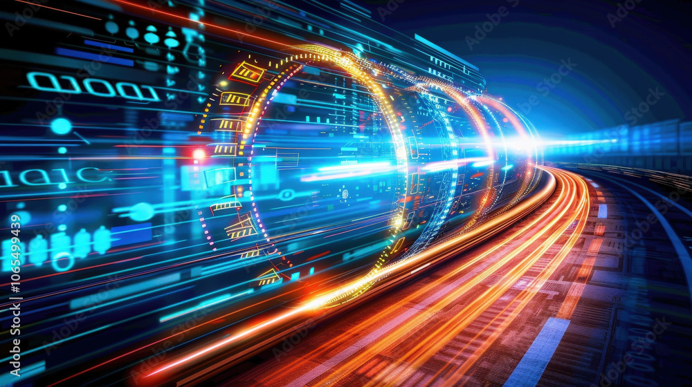 Poster dynamic data particles flow over blue background, creating sense of speed and technology. vibrant co