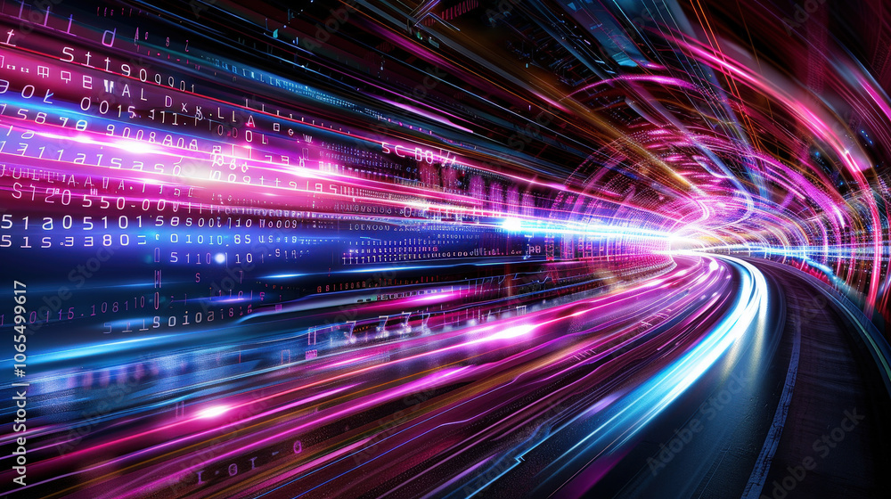 Poster vibrant display of smoothly flowing numbers and lights creates high tech atmosphere, evoking sense o